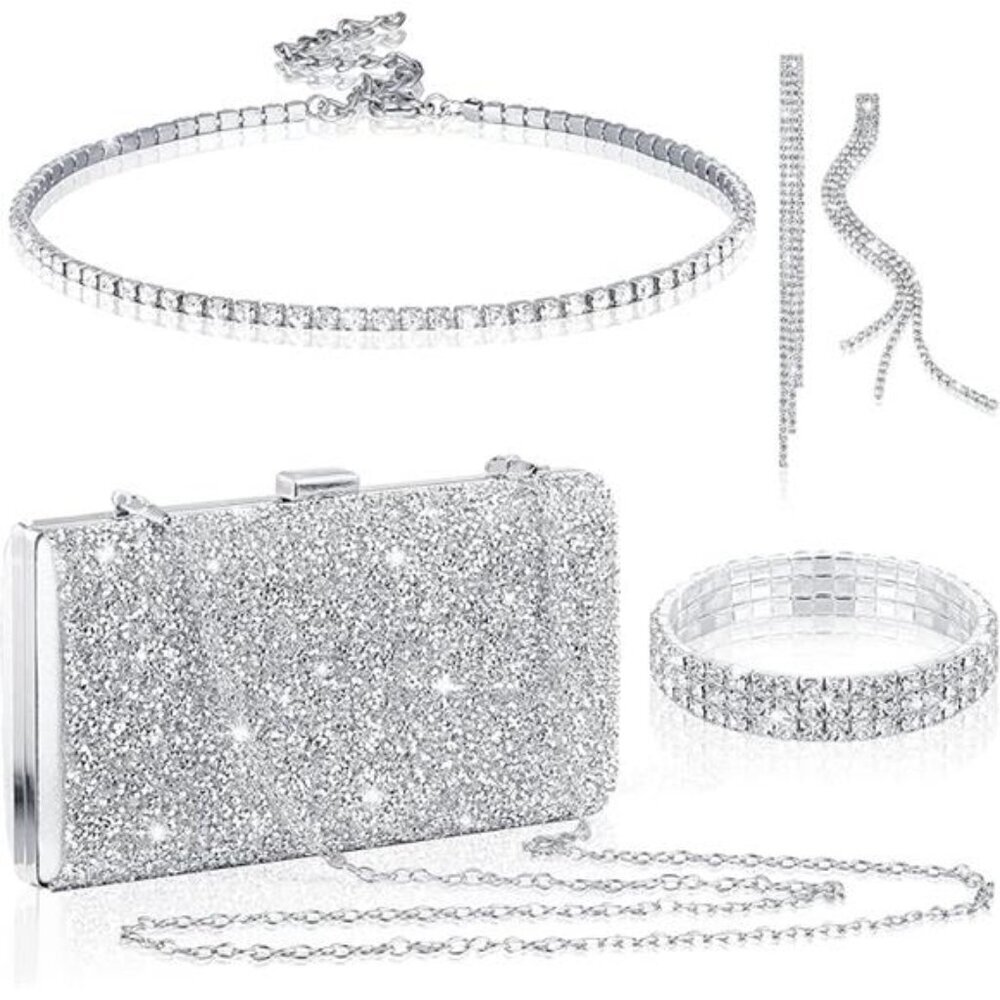 Kigeli 4 Pieces Women Rhinestone Evening Clutch Bag Bling Earring Necklace - Picture 7 of 7